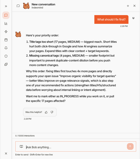 Bob: chat interface with sidebar (Chat, Prompts, Analysis, Action Plan, and settings)