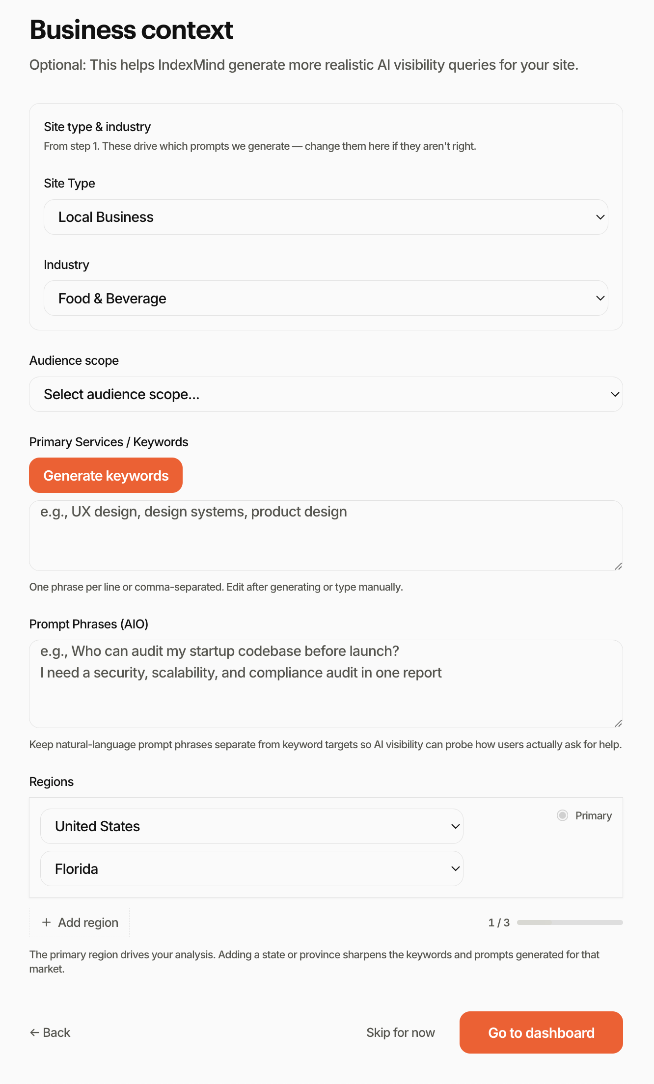 Business context: audience, generate keywords, prompt phrases, and regions