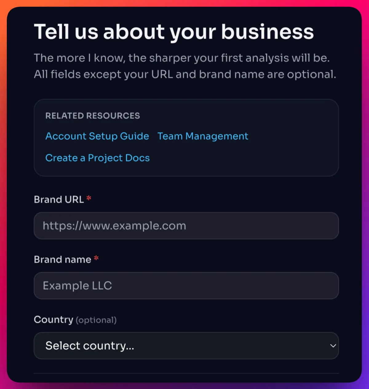 Project creation: enter your website URL