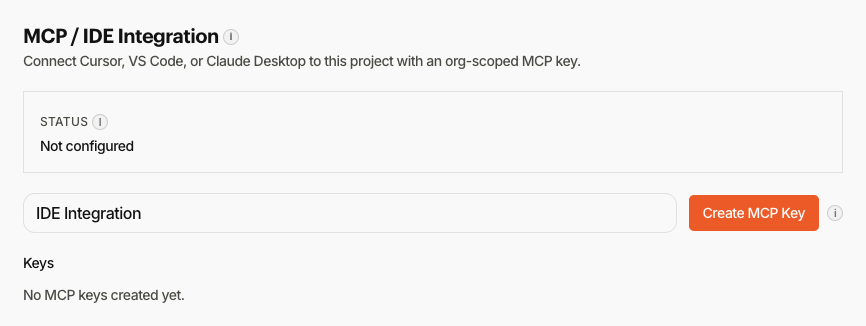 Settings: MCP / IDE Integration with Create MCP Key and connected keys