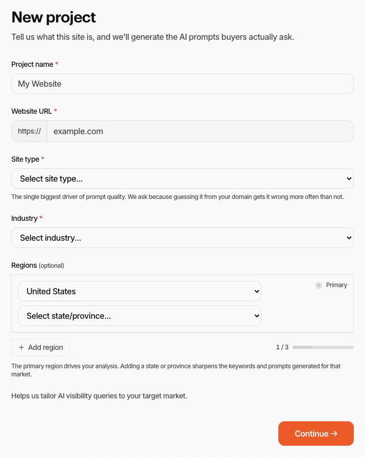 New project: name, website URL, site type, industry, and regions
